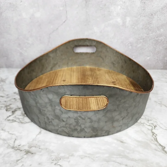 Tray Decor, Silver Metal Large Oval Serving Tray, Mango Wood Base and Brass - Picture 3 of 6